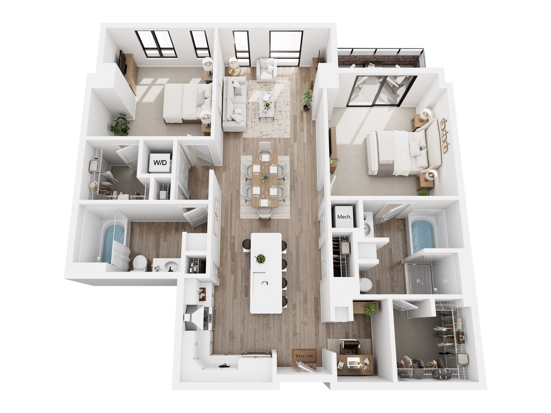 A top-down view of a modern apartment layout.